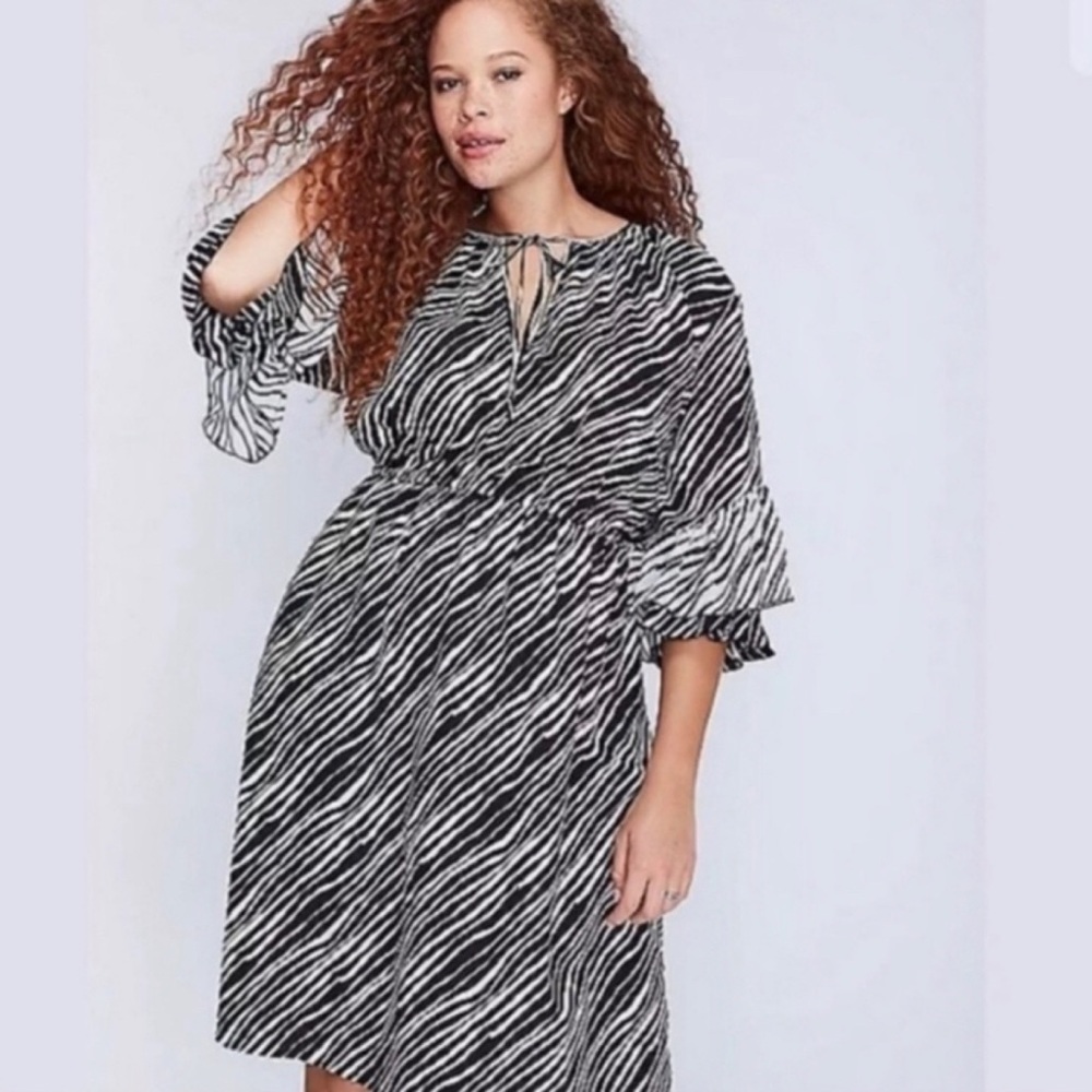 Lane Bryant Womens Plus Size Black White Blouson Zebra Print Tiered Ruffle Dress